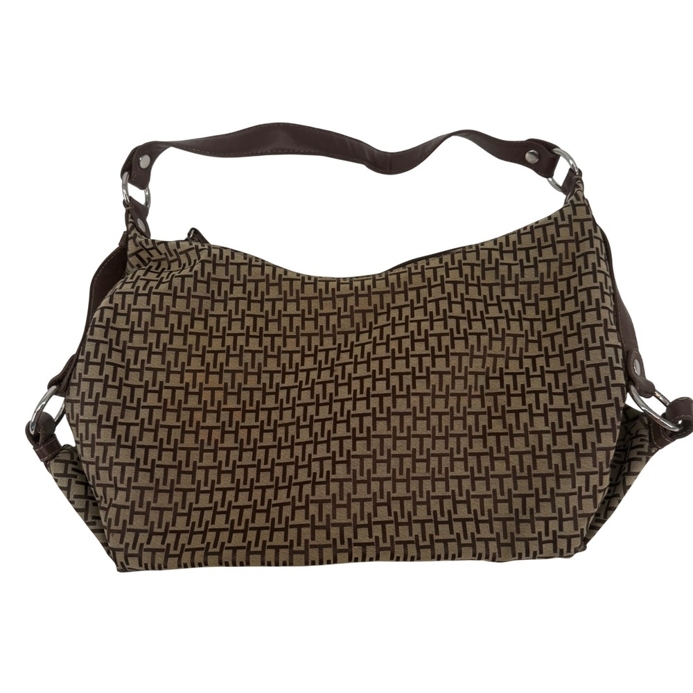 Tommy Hilfiger Hobo Bag Womens Large Brown Monogram Jacquard Excellent Slouchy